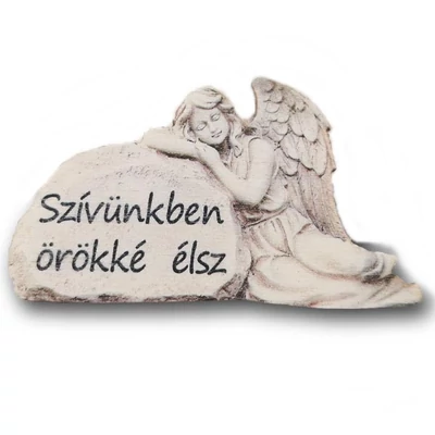 Fa táblácska "Szívünkben örökké élsz" feliratos, kőtáblára boruló angyal