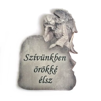 Fa táblácska "Szívünkben örökké élsz" feliratos, kőtáblán könyöklő angyal