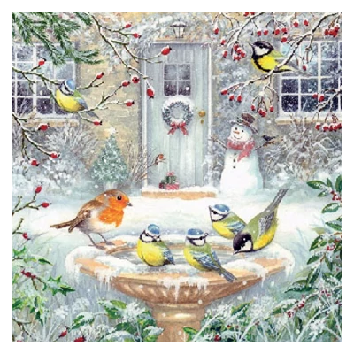 Szalvéta - Madarak és szökőkút télen