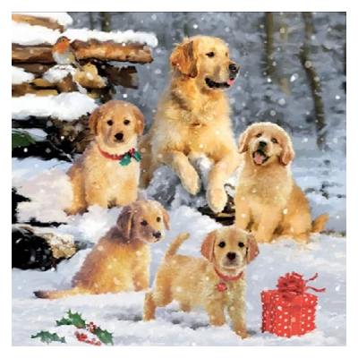 Koktél szalvéta - Golden retriever család a hóban