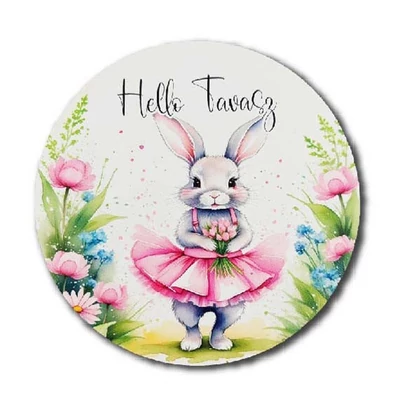 Helló Tavasz táblácska, rózsaszín ruhás nyuszi, kör - 13cm