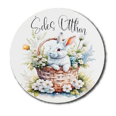 Édes otthon táblácska, fehér nyuszi kosárban, kör - 13cm