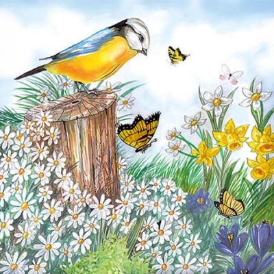 Szalvéta - Cinege és pillangók a virágos réten