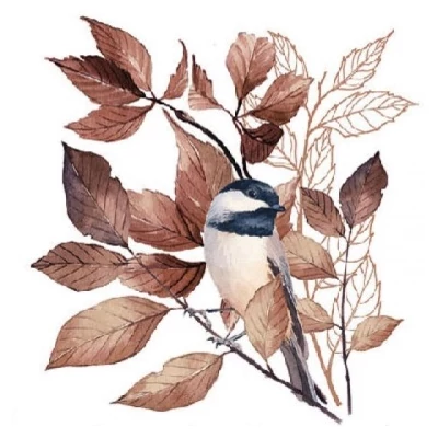 Koktél szalvéta - Madárka barna leveles faágon