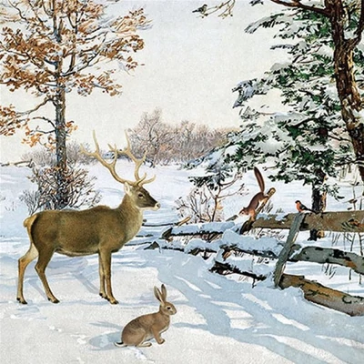 Szalvéta - Szarvas, nyuszi, mókus, madárka télen
