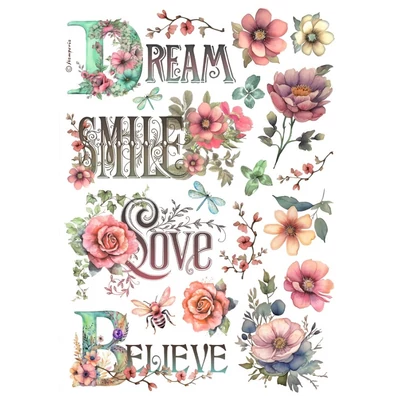 Rizspapír A4 - Dream, smile, love, Believe