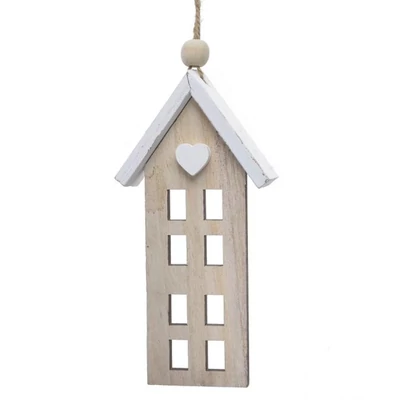 Fehér tetejű fa szivecskés házikó, hosszúkás, akasztós, 16cm