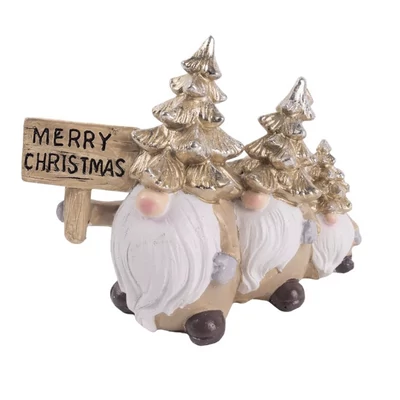 Arany fenyőkalapos manó család Merry Christmas táblával, poly Arany fenyőkalapos manó család Merry Christmas táblával, poly