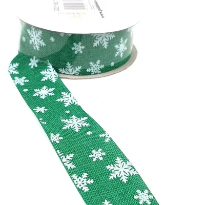 Hópehely mintás juta szalag - Zöld - 1m