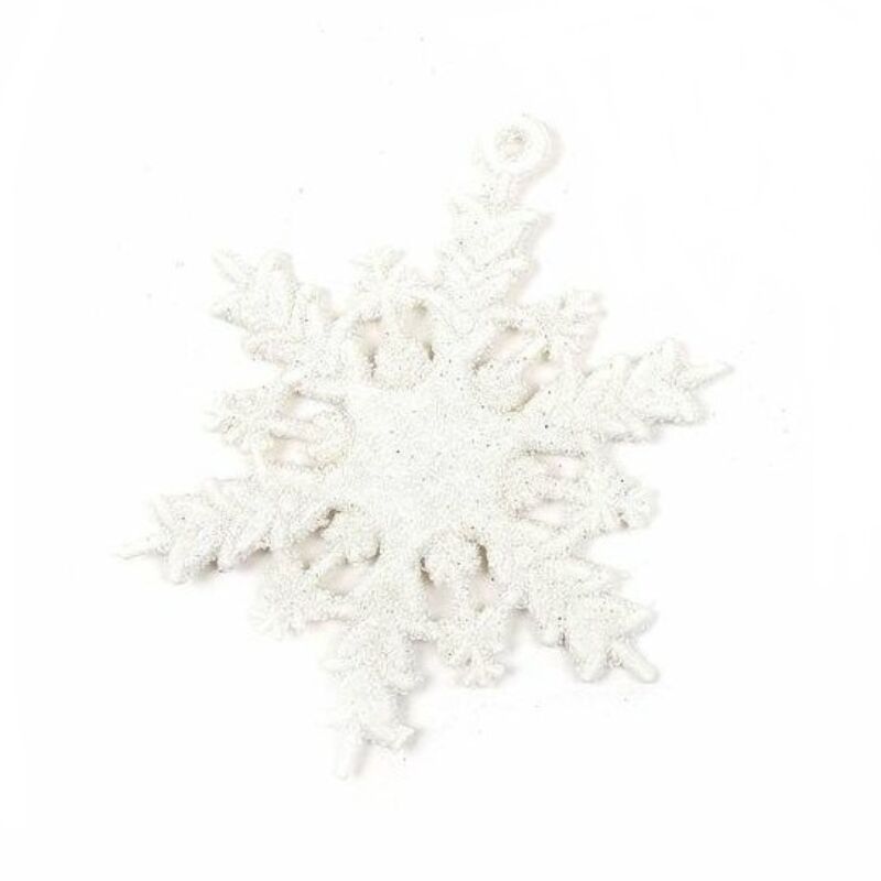 Műanyag csillámos hópehely, akasztós fehér 6cm
