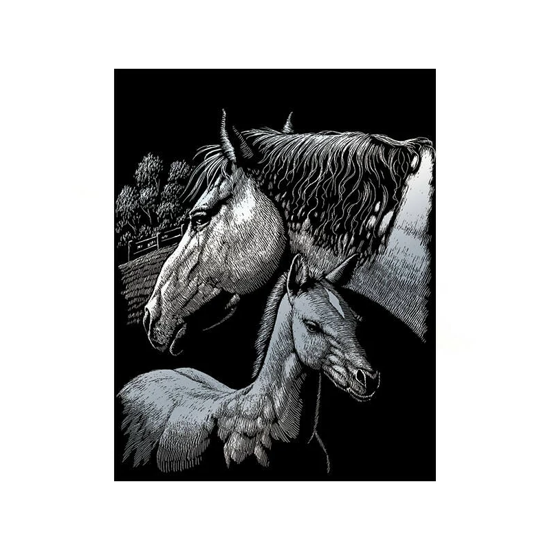 Képkarcoló készlet karctűvel - 20x25 cm - Ezüst - Lovak