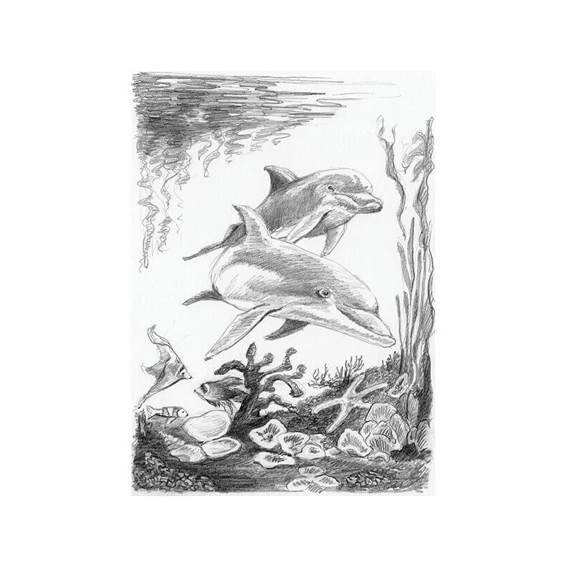 Vázlatrajz készlet ceruzákkal és útmutatóval - 12x18 cm - Delfinek