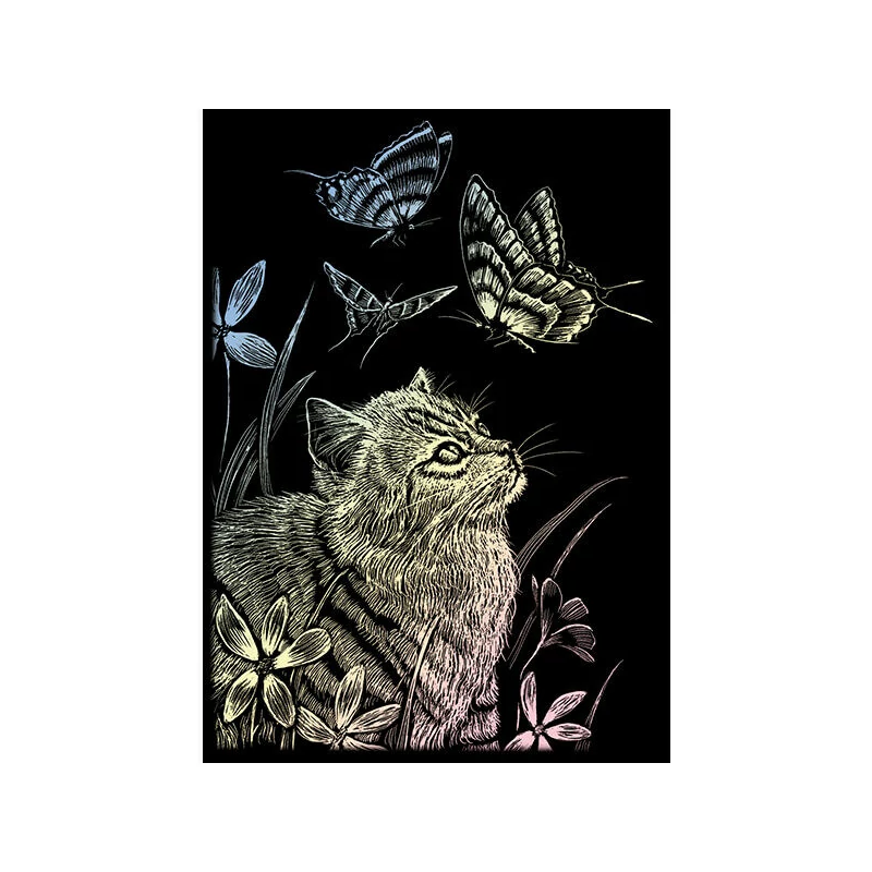 Képkarcoló készlet karctűvel - 13x18 cm - Holográf - Cica és Pillangó