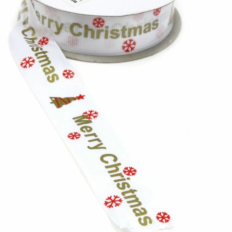 Merry Christmas arany feliratos, piros hópehely mintás szalag - fehér, 1m
