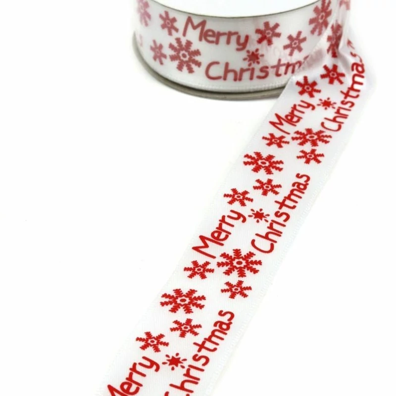 Merry Christmas feliratos, hópehely mintás szatén szalag - fehér, 1m