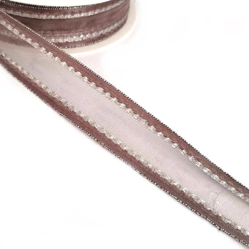 Organza szalag barna, ezüst csíkos 2,5cm széles - 1m