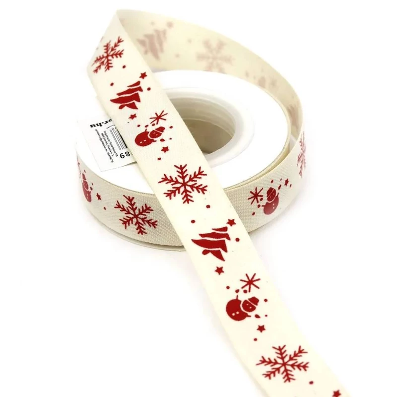 Natúr-piros karácsonyi textil szalag - fenyő, hóember, hópihe