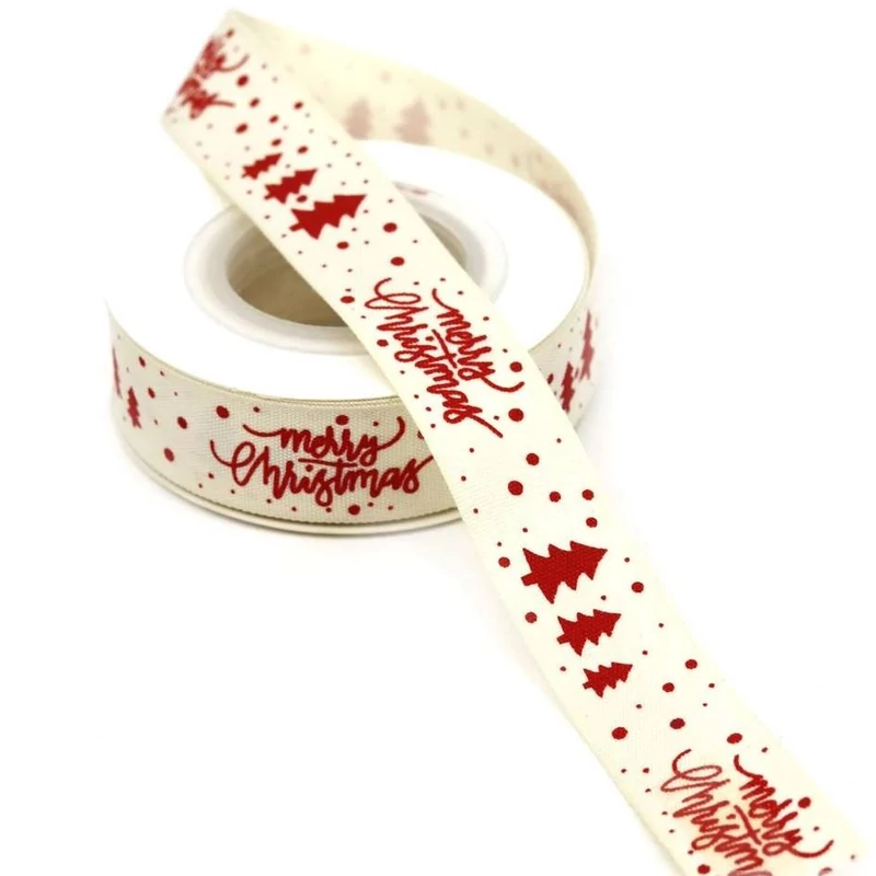 Natúr-piros karácsonyi textil szalag - fenyő, merry christmas felirat