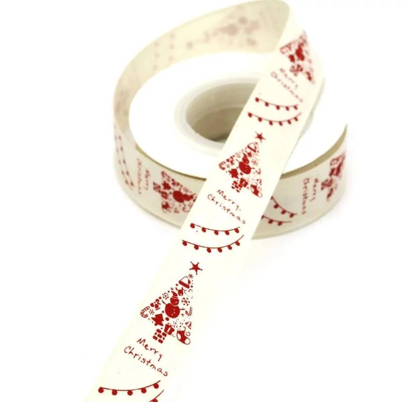 Natúr-piros karácsonyi textil szalag - fenyőfa, égősor