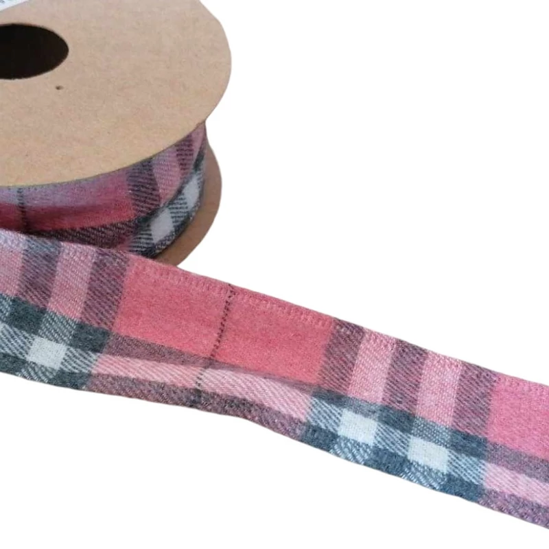 Drótszélű textil szalag, 3,8cm széles - norvég kockás, mályvás