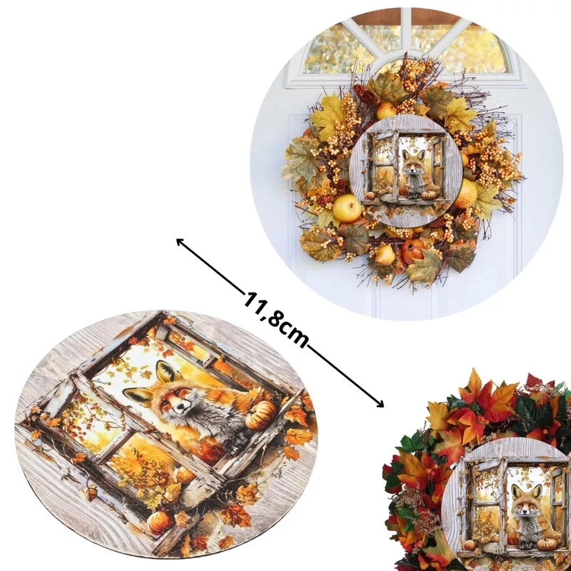 Nyomtatott fa tábla koszorú közép - Őszi ablak rókával 11,8cm