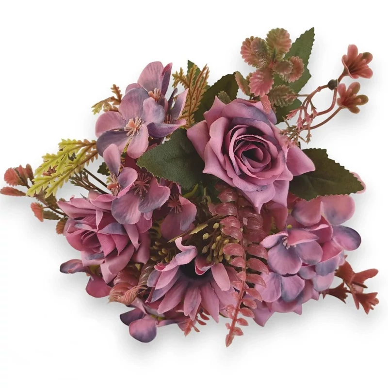 Mű tearózsa-hunyor csokor 7 szál selyem 31 cm - hamvas pink