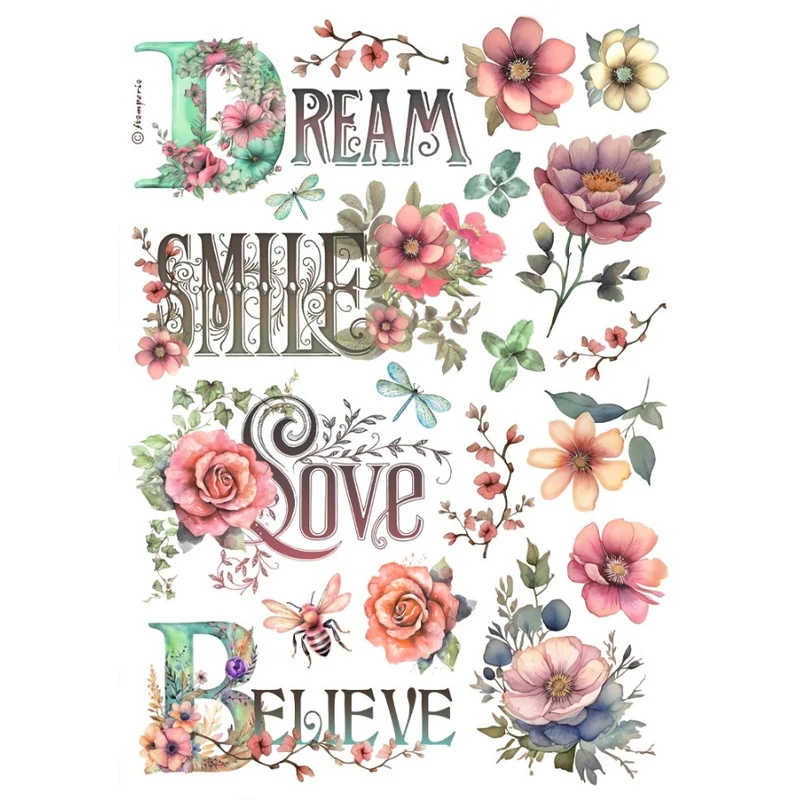 Rizspapír A4 - Dream, smile, love, Believe