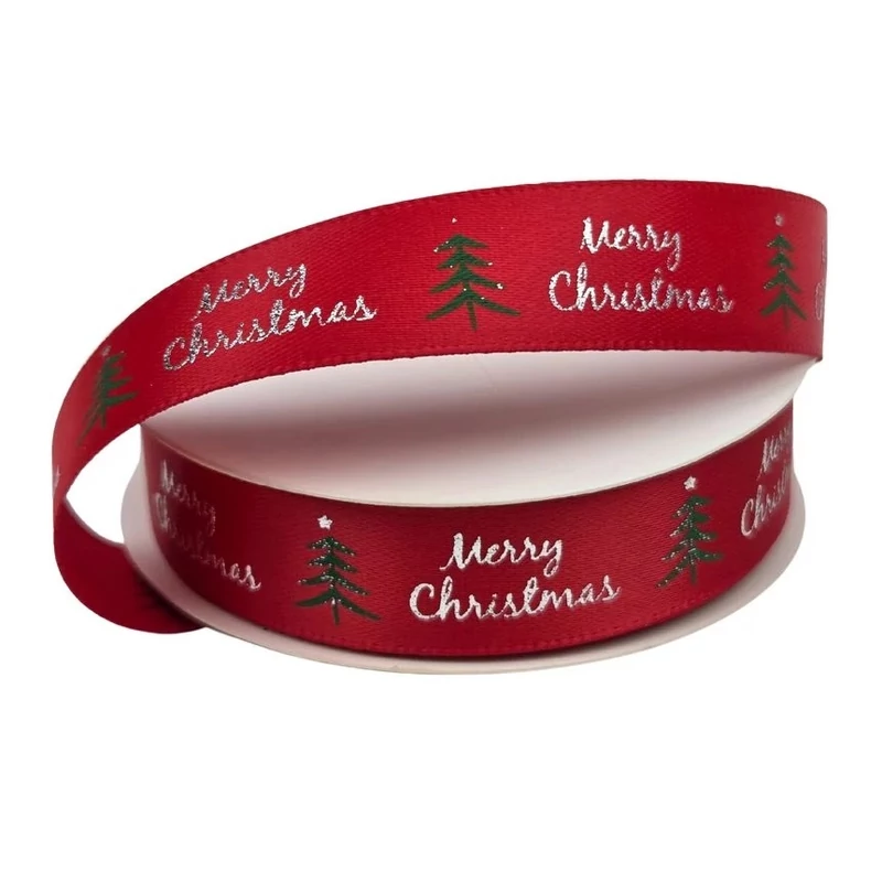 Szatén szalag Merry Christmas - Piros - 1m