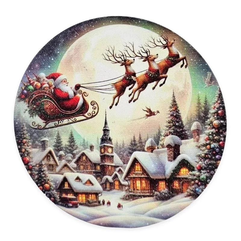 Nyomtatott fa tábla koszorú közép - Télapó a város felett 11,8cm