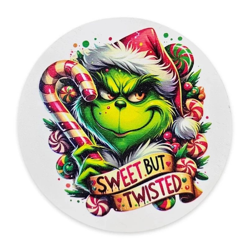 Nyomtatott fa tábla koszorú közép - Grinch cukorbottal 11,8cm