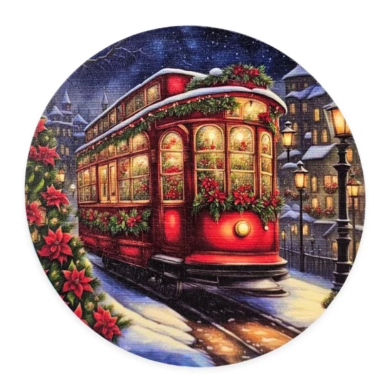 Nyomtatott fa tábla koszorú közép - Karácsonyi villamos 11,8cm