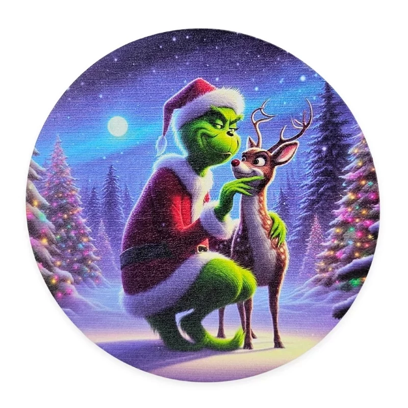Nyomtatott fa tábla koszorú közép - Grinch őzikével 11,8cm