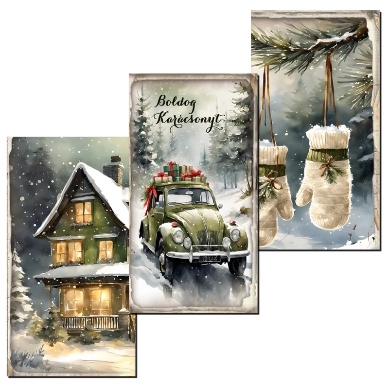  Nyomtatott dekorkarton - Karácsonyi zöld téma táblák 3db/csomag