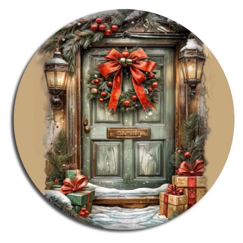 Nyomtatott fa tábla koszorú közép - Karácsonyi piros ajtókopogtató koszorú közép 11,8cm