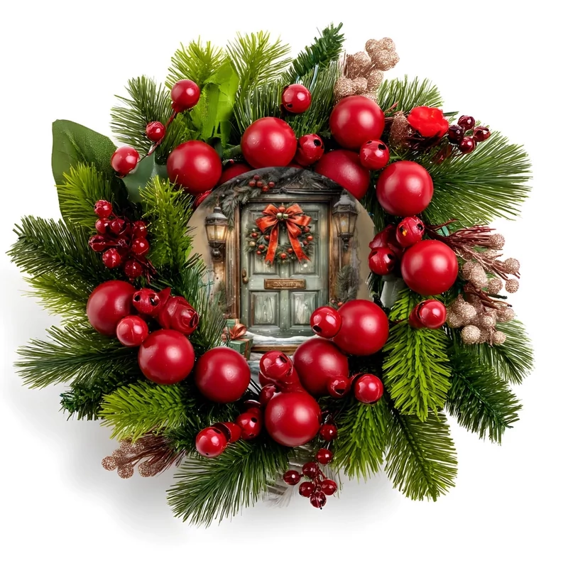 Nyomtatott fa tábla koszorú közép - Karácsonyi piros ajtókopogtató koszorú közép 11,8cm