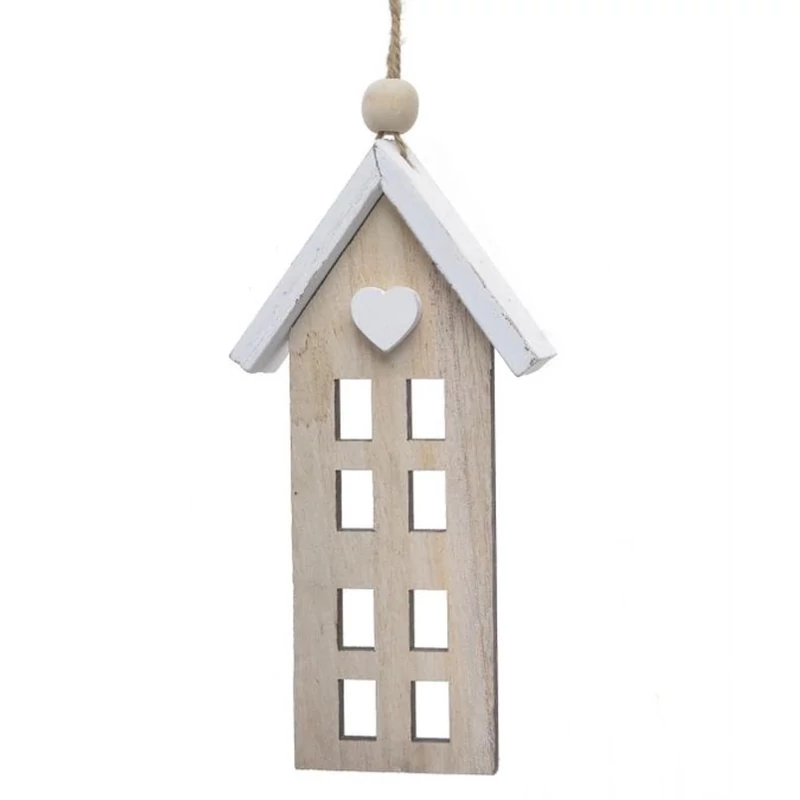 Fehér tetejű fa szivecskés házikó, hosszúkás, akasztós, 16cm