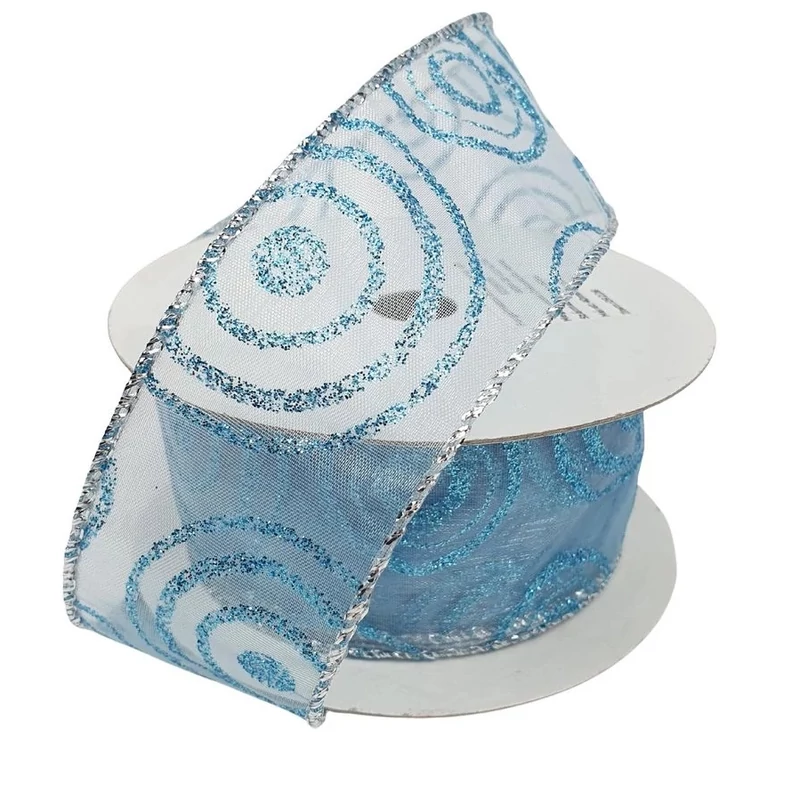 Karácsonyi drótszélű organza szalag, kék