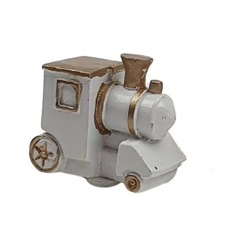 Mini mozdony figura, fehér-arany, poly