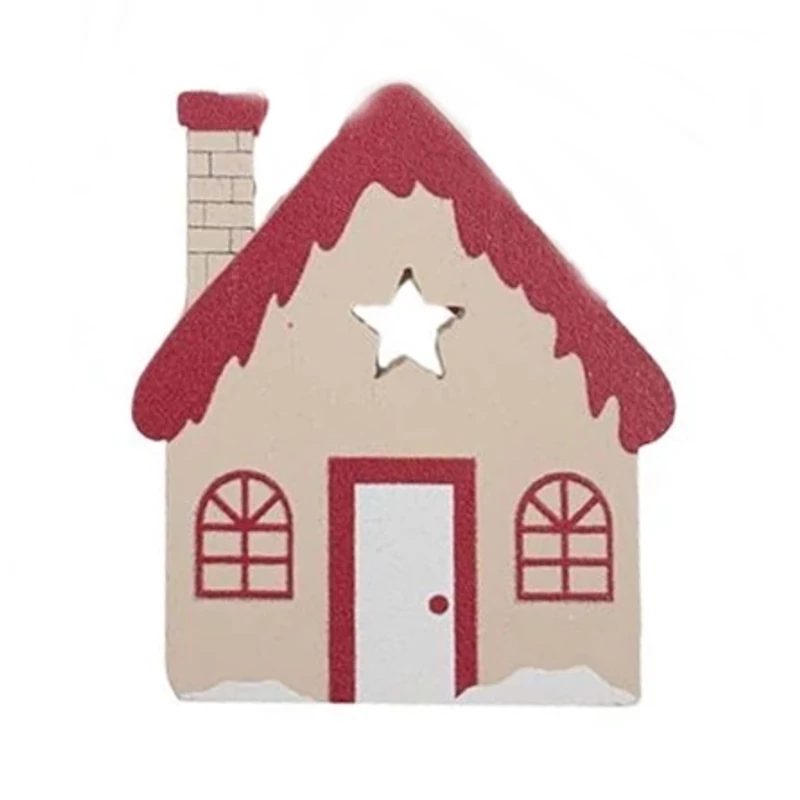 Fa dekor - Színes piros tetős csillagos házikó