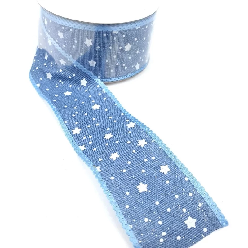 Mini csillagos finomszövésű juta szalag 4cm széles - kék - 1m