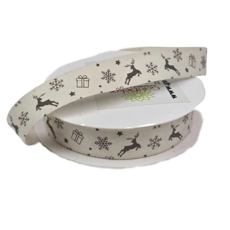 Natúr, szarvas mintás ripsz szalag, 1,5cm széles - 1m