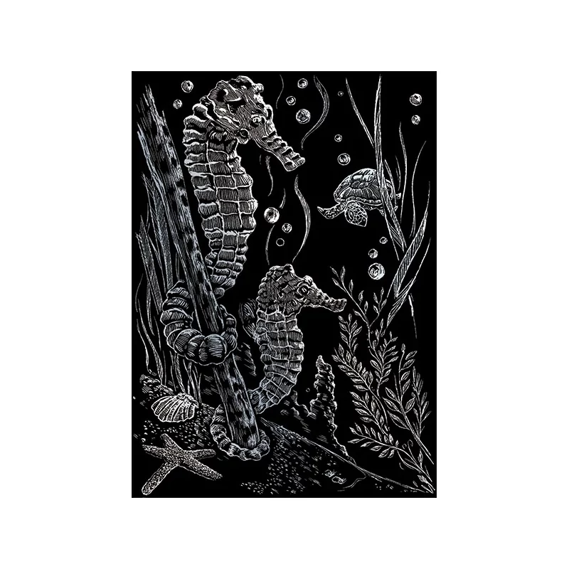 Képkarcoló készlet karctűvel - 13x18 cm - Ezüst - Tengeri csikók