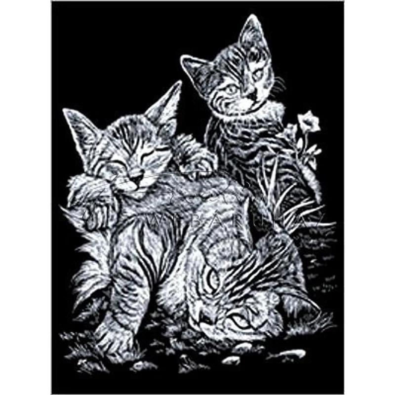 Képkarcoló készlet karctűvel - 20x25 cm - Ezüst - Cirmos cicák