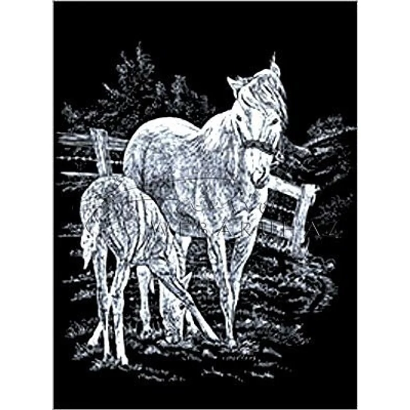 Képkarcoló készlet karctűvel - 20x25 cm - Ezüst - Kanca és csikó