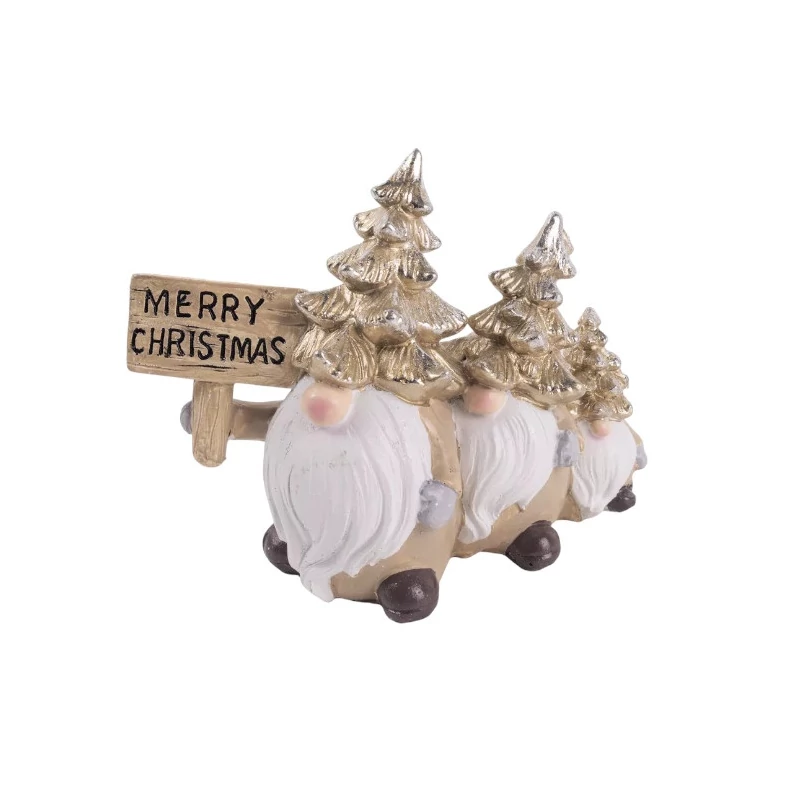 Arany fenyőkalapos manó család Merry Christmas táblával, poly