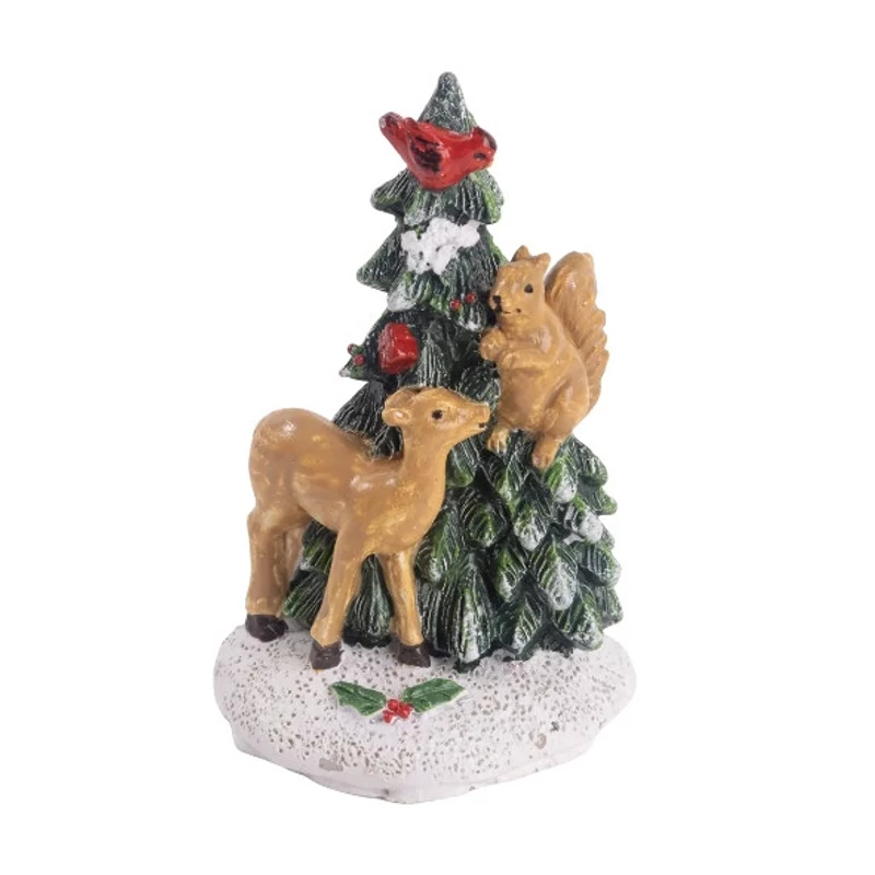 Téli életkép - Őzike és mókus fenyőfával figura, poly