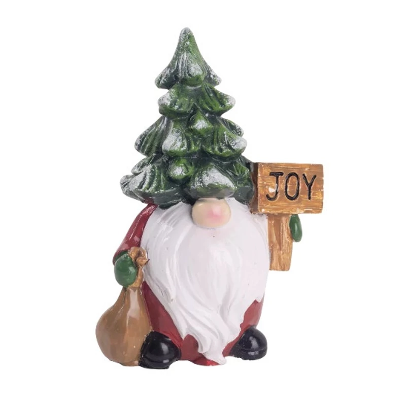 Zöld fenyőkalapos manó "Joy" táblával, poly