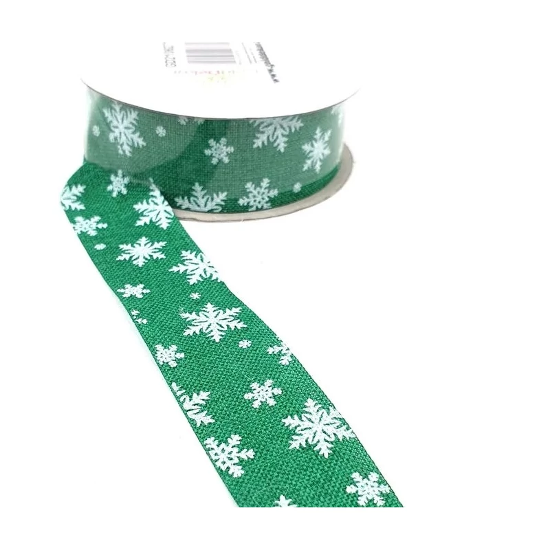 Hópehely mintás juta szalag - Zöld - 1m