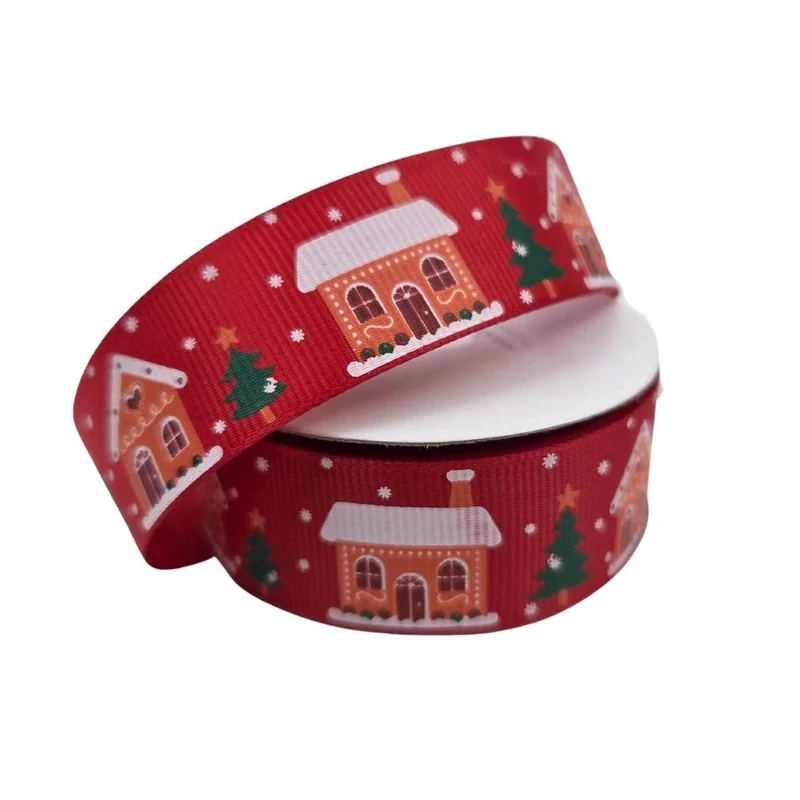 Mézeskalács ház mintás ripsz szalag - Piros - 1m