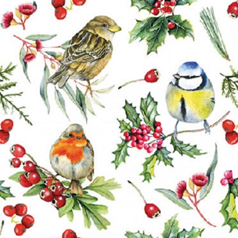 Koktél szalvéta - Madarak csipkebogyó ágakon